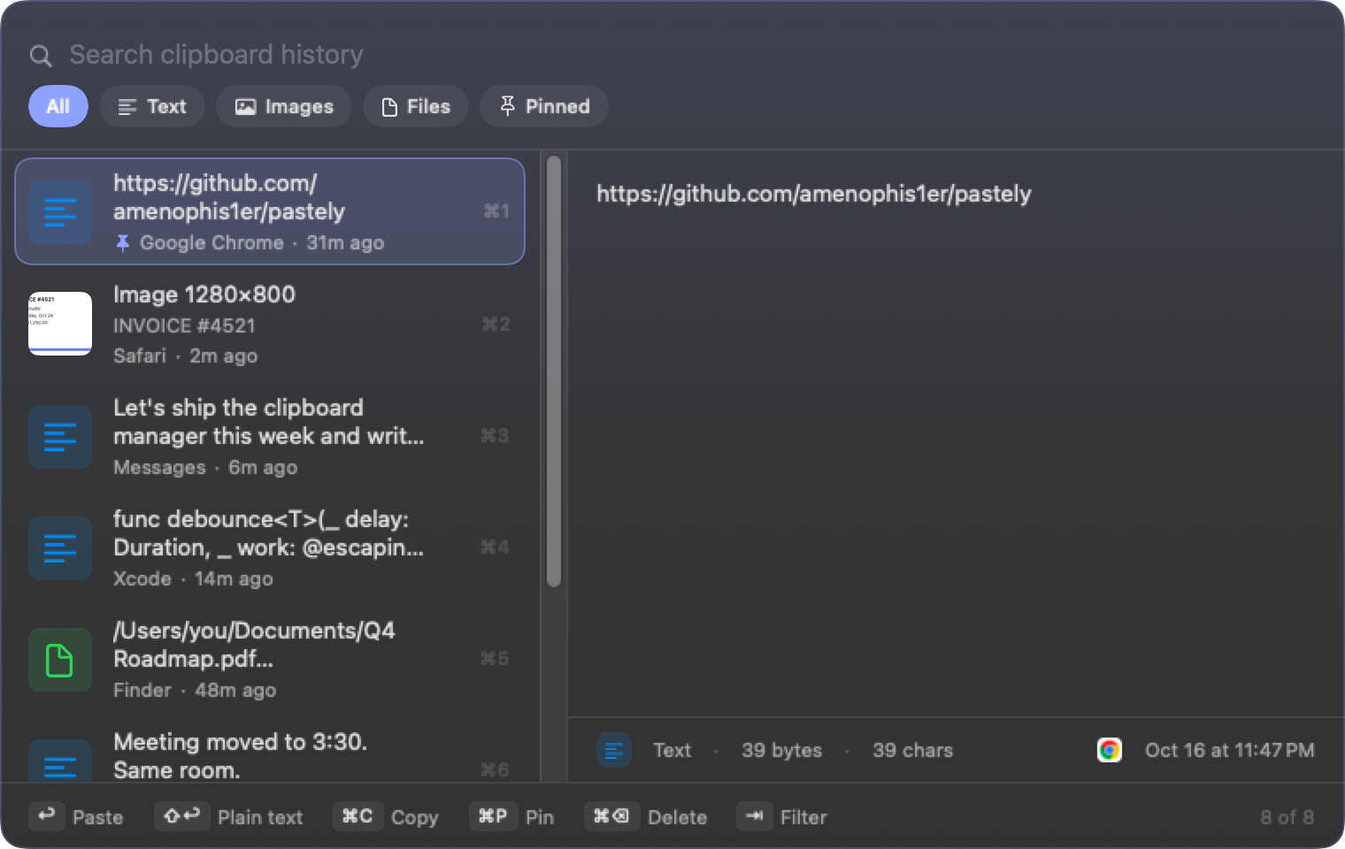 The Pastely history panel: a search field, filter chips, a list of recent clips with thumbnails, and a preview pane