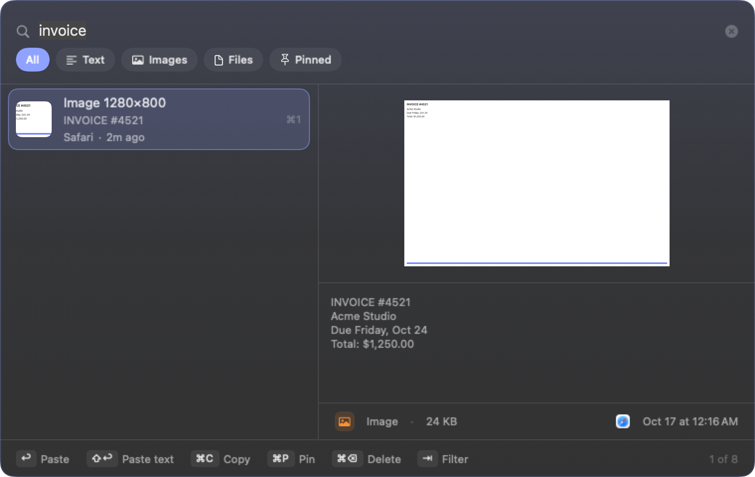 Searching for 'invoice' finds a screenshot; the preview shows the image and the recognized text