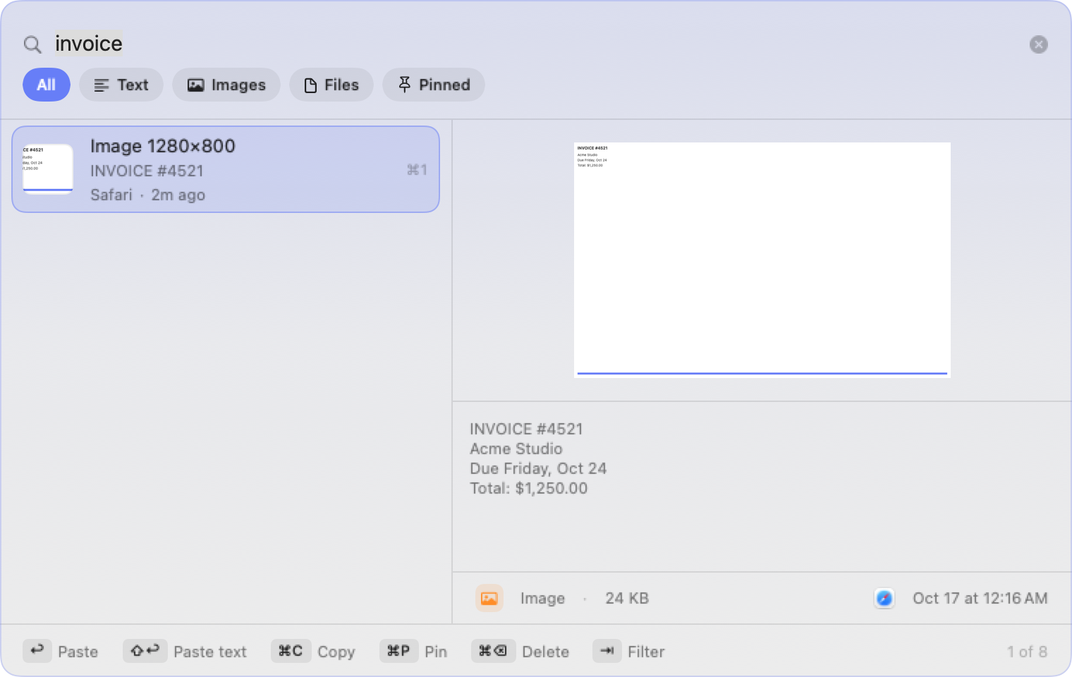 Searching for 'invoice' finds a screenshot, light mode