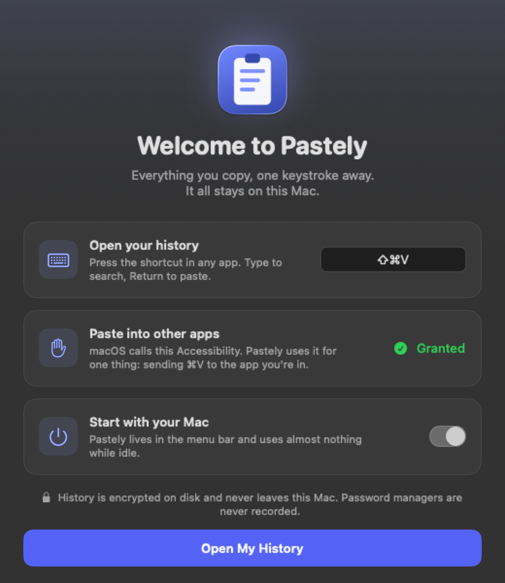 The first-launch screen: shortcut, accessibility permission, launch at login